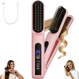 SL Euthtion Cordless Hair Straightener Brush - Curler 2 in 1 Hair Styling Tools，Portable Rechargeable Battery-Powered for Travel with 4 Temperature Settings， Removable for Easy Cleaning