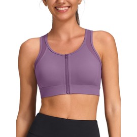 Yvette Front Zip Sports Bras for Women High Impact Mesh Racerback Full Support Sports Bra Plus Size for Running,Purple,M+