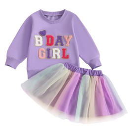 JLKGICF Toddler Baby Girl Birthday Outfit Letter Embroidery Long Sleeve Sweatshirt Tutu Dress Skirts Birthday Gift 12M-5T (Purple, 3-4T)