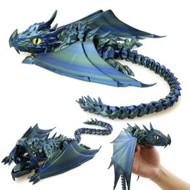 LehuoMaker 3D Printed Dragon with Wings, Fidget Dragon Toys, 3D Printed Animals, Flexible Articulated Winged Crystal Dragon Model,Home Office Decor Desktop Pet(Gradation Blue Green)
