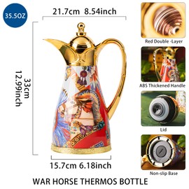 ONECCI 35.5 oz Coffee Thermos Carafe,Vintage Floral Vacuum Insulated Glass Lined Thermos Flask,Hot Water, Tea, Hot Beverage - Keep 12 Hours Hot,24 Hours Cold,Moving and Housewarming Gift（War Horse）
