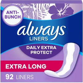 Always Anti-Bunch Xtra Protection, Panty Liners for Women, Light Absorbency, Extra Long Length, Leakguard + Rapiddry, Unsented, 92 Count