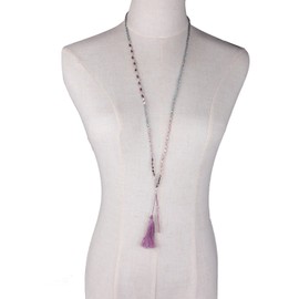 KELITCH Crystal Bead Chain Necklace with Purple Tassel Pendant