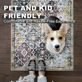 KILOCOCO 5x7 Area Rug, Moroccan Washable Living Room Rug, Vintage Rug Non-Slip, Large Print Faux Wool Throw Rug Indoor Kitchen Rug for Entryway Bedroom Office Carpet, Cream/Multi