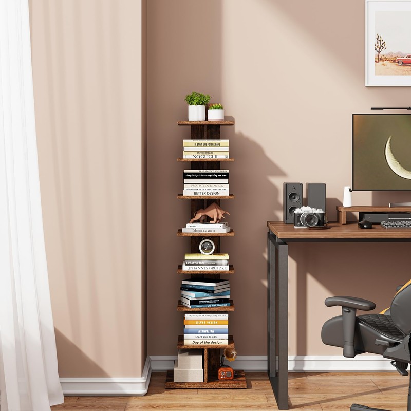 TUTOTAK Narrow Bookshelf, 8-Tier Bookcase, Spine Book Shelf for Small