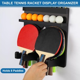 Ping Pong Paddle Holder Wall Mount Hold 8 Paddles, Ping Pong Rack Dart Holder 2-in-1, 100% Solid Wood Table Tennis Organizer, Black