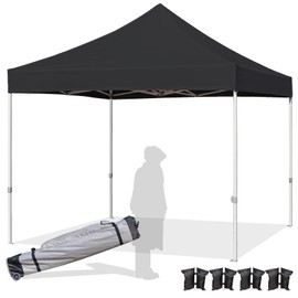 Easy 10x10 Pop Up Canopy Tent with Peak Tensioner, Heavy Duty for Commercial Use, Industry-Leading 3000mm Waterproof, 500D Silver Coated Top, Wheeled Bag, 4 Sandbags, Stakes & Ropes, Black