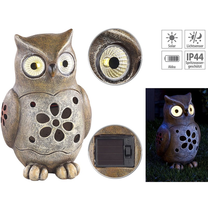 Lunartec Solar Figures: Decorative Owl with Luminous LED Eyes and