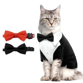 QBLEEV Cat Tuxedo Suit, Sphynx Cat Suit for Cat with Two Bow Tie, Cat Tuxedo Outfit for Birthday Photo Shoot, Formal Onesie Attire Wedding Costumes for Kitten, Male Cat Clothes for Hairless Cats Only