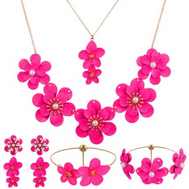 Tondiamo 6 Pcs Flower Necklace Earrings and Bracelet Set Floral Jewelry Sets Choker Statement Necklace for Women(Fuchsia)