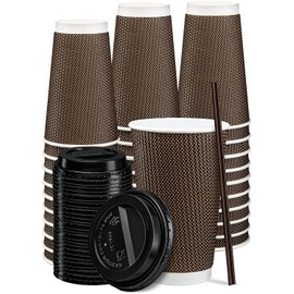GUSTO [16 oz. - 50 Sets Insulated Brown Patterned Ripple Paper Hot Coffee Cups With Lids (Lids Color May Vary) - Ideal for Hot Beverages, Travel, and Office Use - (Formerly Comfy Package)