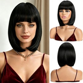 Amaattee Black Bob Wig with Bangs 12 Inch Short Straight Black Bob Wig Bangs Heat Resistant Synthetic Bob Wigs for Women