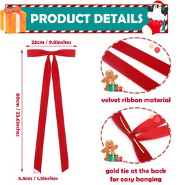 8 Pcs Large Velvet Christmas Bow 23.5x8.7 Inch Christmas Staircase Wreath Bows Gift Ribbon Bows Vintage Christmas Tree Topper Bows for Christmas Tree Indoor Outdoor Decoration, Red Green