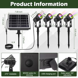 Grinsvalley 2 Set 4 in 1 RGB Solar Landscape Spot Lights Outdoor with Remote, Waterproof Solar Battery Powered Color Changing Outdoor Spotlights, Auto On/Off, for Garden Yard Path Driveway Walkway