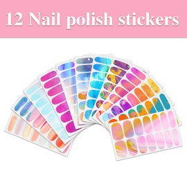 WOKOTO 12 Sheets Gradient Nail Polish Wraps for Women Graffiti Nail Polish Stickers Full Wraps Aurora Nail Stickers for Women Gel Nails Strips Stick On Nails for Nail Art Accessory