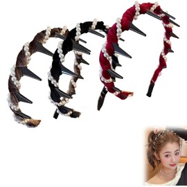 3 Pieces Vintage High Cranium Artificial Pearl Hairband, Fashion Headband Women, Grace Headbands for Rhinestones Bridal Hair Hoop (Black + Red + Brown, One Size)