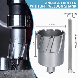 KEENTECH Carbide-Tipped Annular Cutter, 2-3/8" Diameter x 2" Depth, 3/4" Weldon Shank (2 Flat), High Speed Cutting TCT Mag Drill Bit with Pilot Pin for Harder Material, Stainless Steel, Cast Iron