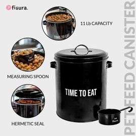 Fisura – Black time to eat Pet food container. Pet feed container with lid and measuring scoop. Metal food container for dogs and cats. 5 kg capacity