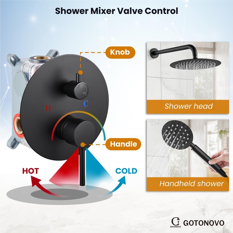 gotonovo Rain Shower System with 10 Inch Round Showerhead and