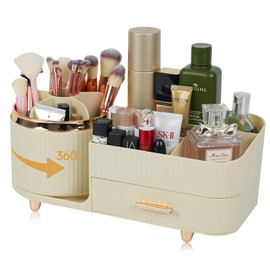 Growsun Makeup Organizer Countertop with Drawers 360 Rotating Makeup Brush Holder Large Capacity Skincare Organizer for Vanity, Cream