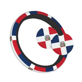 Dominican Republic Flag Steering Wheel Cover Cute Funny,Universal Fit 14-15 inch Steering Wheel Cover for Women Men, Automotive Interior Accessories Decorative,with 2 Pack Car Coaster