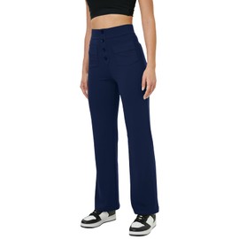 keriffe Women's Straight Leg Pants High Waisted Button Stretchy Business Work Casual Trousers Multiple Pockets Navy Blue