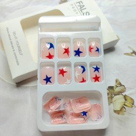 24Pcs Short Press on Nails Independence Day Fake Nails Red White Blue Five-pointed Star Glue on Nails Oval Shape False Nails 4th of July Stick on Nails Square Acrylic Nails for Women Patriotic Nails