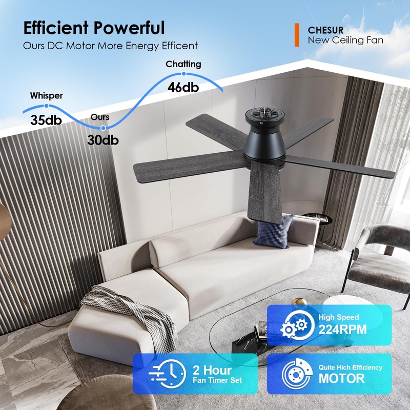 CHESUR 46" Black Flush Mount Ceiling Fans - Low Profile