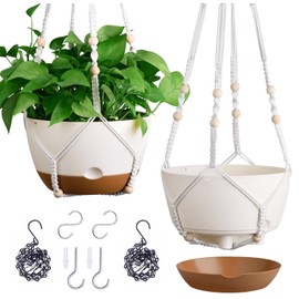 Set of 2-10 Inch Hanging Planters for Indoor Plants with Self-Watering Includes Hanging Pots for Plants, Outdoor Hanging Plant Pot with Drainage, and 2 Types of Hanging Baskets Hangers (White, 10inch)