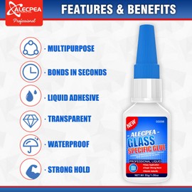 ALECPEA 30g Glass Glue - Crystal Clear Invisible Adhesive for Glass Repair, Jewelry & Art - Waterproof & Heat-Resistant Bond for Mirrors, Crystals & Glassware - Quick 15s Set with 3 Precision Tips