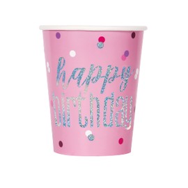 Unique 82248 Paper Cups-266 ml-Glitz Foil Pink & Silver Pack of 8, Happy Birthday