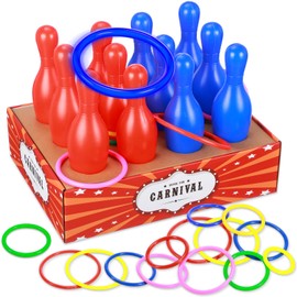 Leitee 45 Pcs Carnival Games Ring Toss Games Bowling Set Include 1 Carnival Ticket Box 12 Plastic Bowling Pins 32 Throw Toss Rings for Carnival Party Family Games Supplies(Carnival Style)