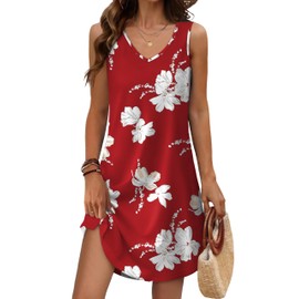 Aokosor Sundresses for Women 2025 Vacation Loose V Neck Sleeveless Casual Dresses Beach Summer Swimsuit Coverup Red Floral S