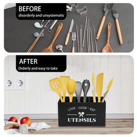 Gzsekken Utensil Holder for Kitchen Counter, Large 3 Compartments Wood Kitchen Utensils Organiser, Black Cutlery Holder with Drainer, Kitchen Utensil Storage & Organisation