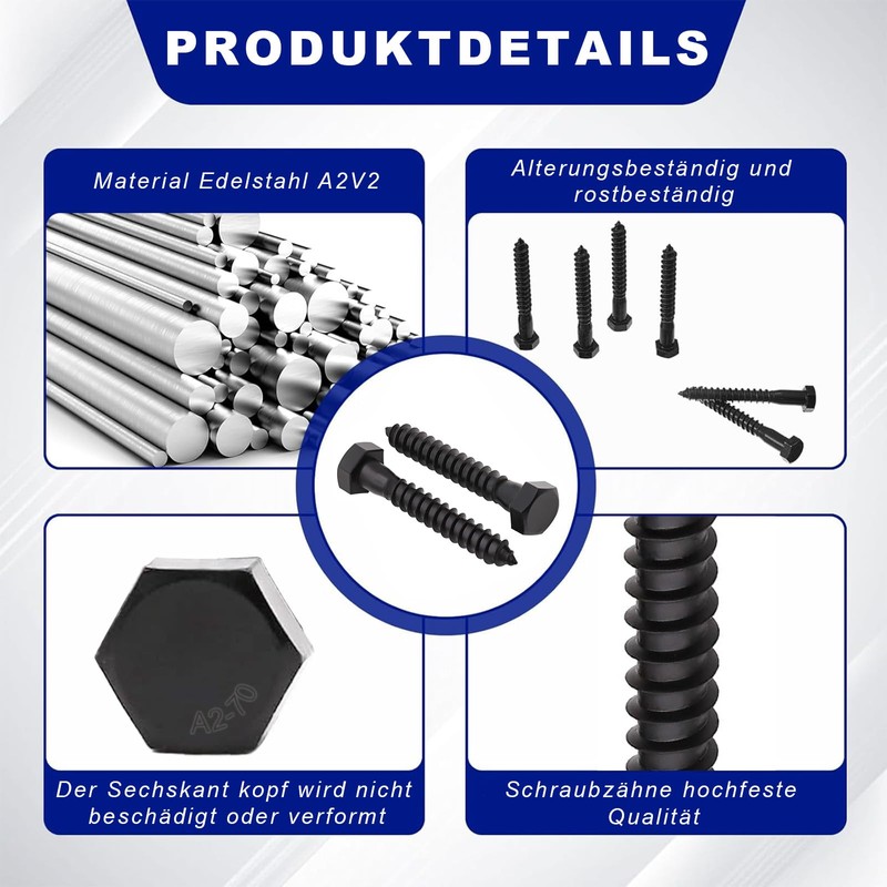 ORTAVA Hexagon Wood Screws (10, Black, M6 x 75)