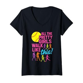 Womens All The Pretty Girls Walk Like This - Softball Humor V-Neck T-Shirt