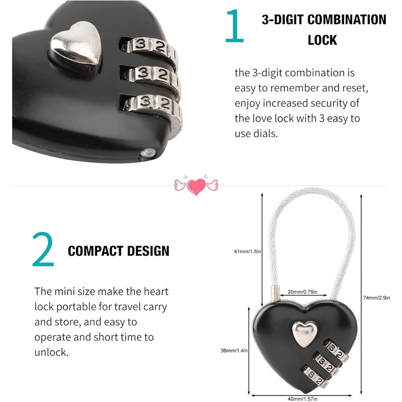 Black Heart Shape Code Lock Compact Mini Size with 3