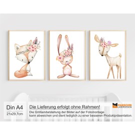 Manschin-Laserdesign Set of 3 Wall Pictures Children's Room Posters DIN A3 & DIN A4 Baby Room Decoration Girls Boys Pictures Decoration Watercolour Forest Animals Scandinavian (P1002)