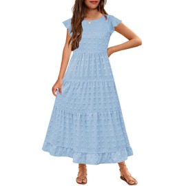 HOSIKA Girls Boho Maxi Dress Swiss Dot Flutter Sleeve High Waist A-Line Tiered Long Holiday Dress for 6-12 Y Light Blue
