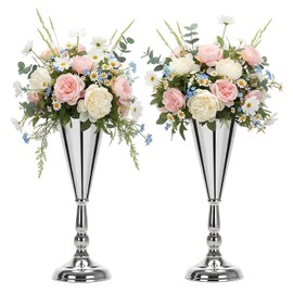 Juego de 2 jarrones de metal para boda, trompeta, centro de mesa, para boda, eventos, decoración de estar, decoración de fiesta (plata, 2 unidades)