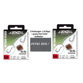 Set: 2 Pack (16 Rigs) Method Feeder Hair Rig by Jenzi with Rubber Band/Quick Stop, Hook Size 8, 10, 12 - Length 12 cm + Free Petri Heil! Sticker (Quickstop Hook Size 10)