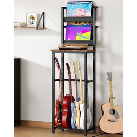 CHOEZON Guitar and Record Player Stand, Multi-Guitar Rack and Display, Sturdy and Space-Saving, Holds 6 Instruments, Retro Industrial Style, for Home, Studio, Rustic Brown and Black TCJ18BF