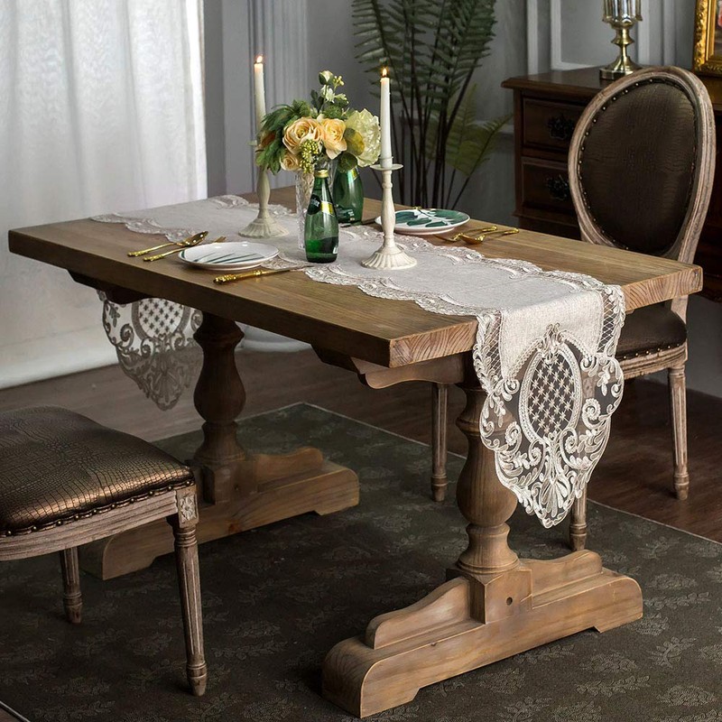 ARTABLE Lace Table Runner Rectangle Gray Cotton Linen Fabric Dresser