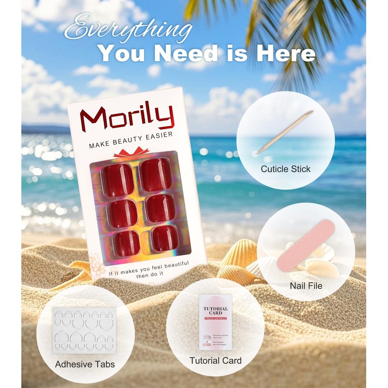 Morily Solid Dark Red Press on Toenails for Women, 24