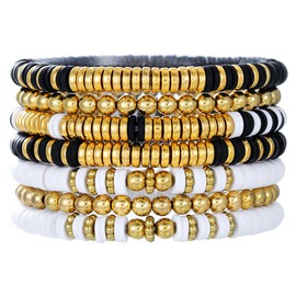 Behrooci Friendship Bracelets Boho Stackable Bracelets for Women Surfer Heishi Clay Bead Bracelets Stretch Preppy Bracelets Colorful Boho Bracelets for Women (7pcs Black White)
