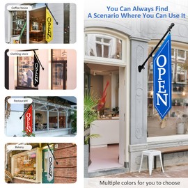 OPEN Flag with Pole Kit - Heavy Duty Canvas Open Banner for Business Storefront, 42x12 Inch Outdoor Double-Sided Sign with Bracket - Advertising Signage for Retail & Shops (Red)