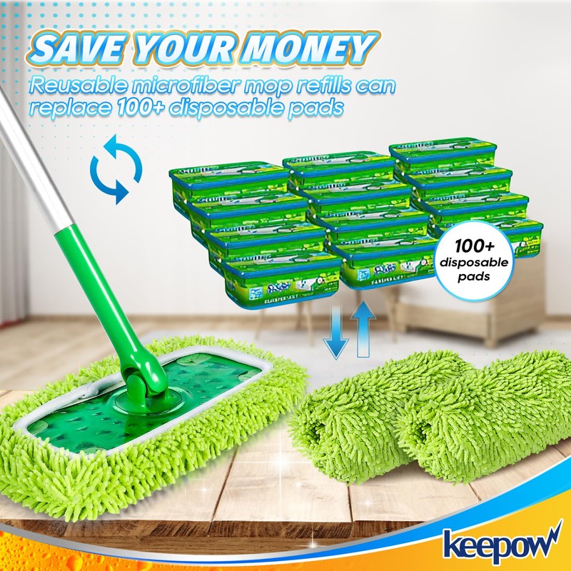 KEEPOW Reusable Microfiber Mop Pads Compatible with Swiffer Sweeper Mop,