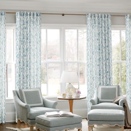 Blue Floral Curtains 90 Inch Length Back Tab Farmhouse Living Dining Room Light Filtering Linen Curtains Blue Flower Plant Pattern Print on White Aesthetic Coastal Style Vintage Cottagecore Decor