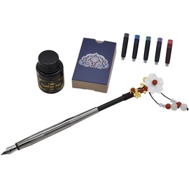 Juego de pluma estilográfica de pelo chino con convertidor de tinta, tinta negra y cartucho de tinta de 5 colores, caja de regalo azul, cuentas rojas