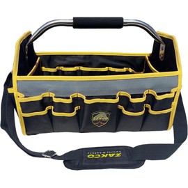 16" Open Top Tool Tote, 1680D Durable Tool Organizer for Plumber, Electrician, HVAC Technicians. Trade Professionals Tool Bag, Tool Bag with Detachable Strap (Yellow with SS Handle, 16 Inches)